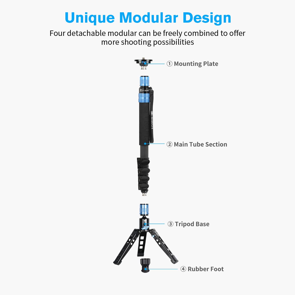 Sirui P 325 Series Camera Monopod, Lightweight Carbon Fiber Monopod With Feet,Professional Monopod For Cameras, 360� Panorama, 5 Section, Quick Release (P 325Fs+Vh 10)